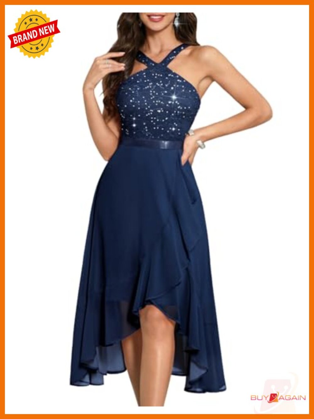 Halter Formal Cocktail Dress Sequin Lace Chiffon Hi-Lo Prom Evening